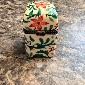 Floral Porcelain Trinket Box in Cream, Green & Coral and trinket plate bundle